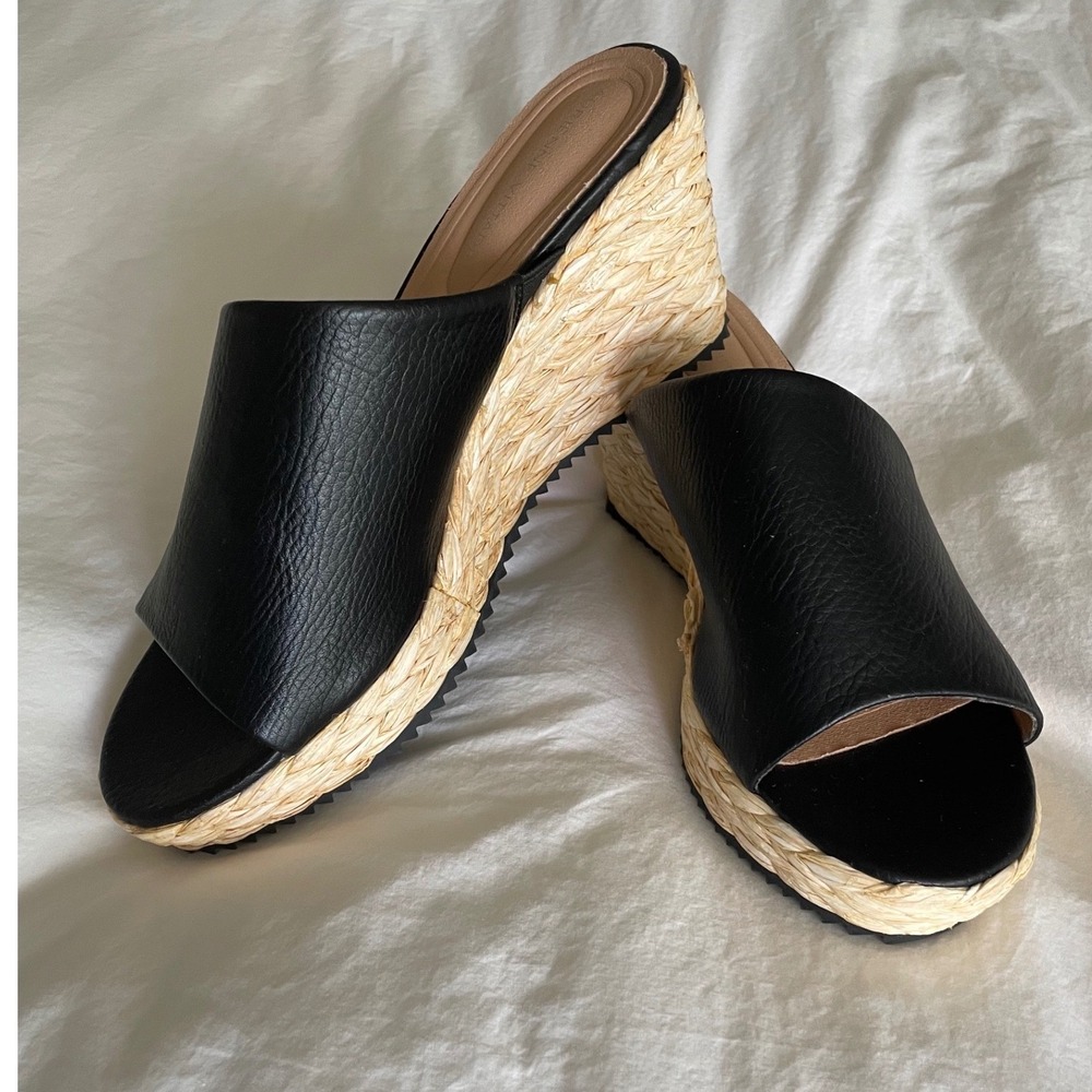 Adrienne Vittadini Wedge Sandals Black Leather Raffia Espadrille Mules Slides-9M